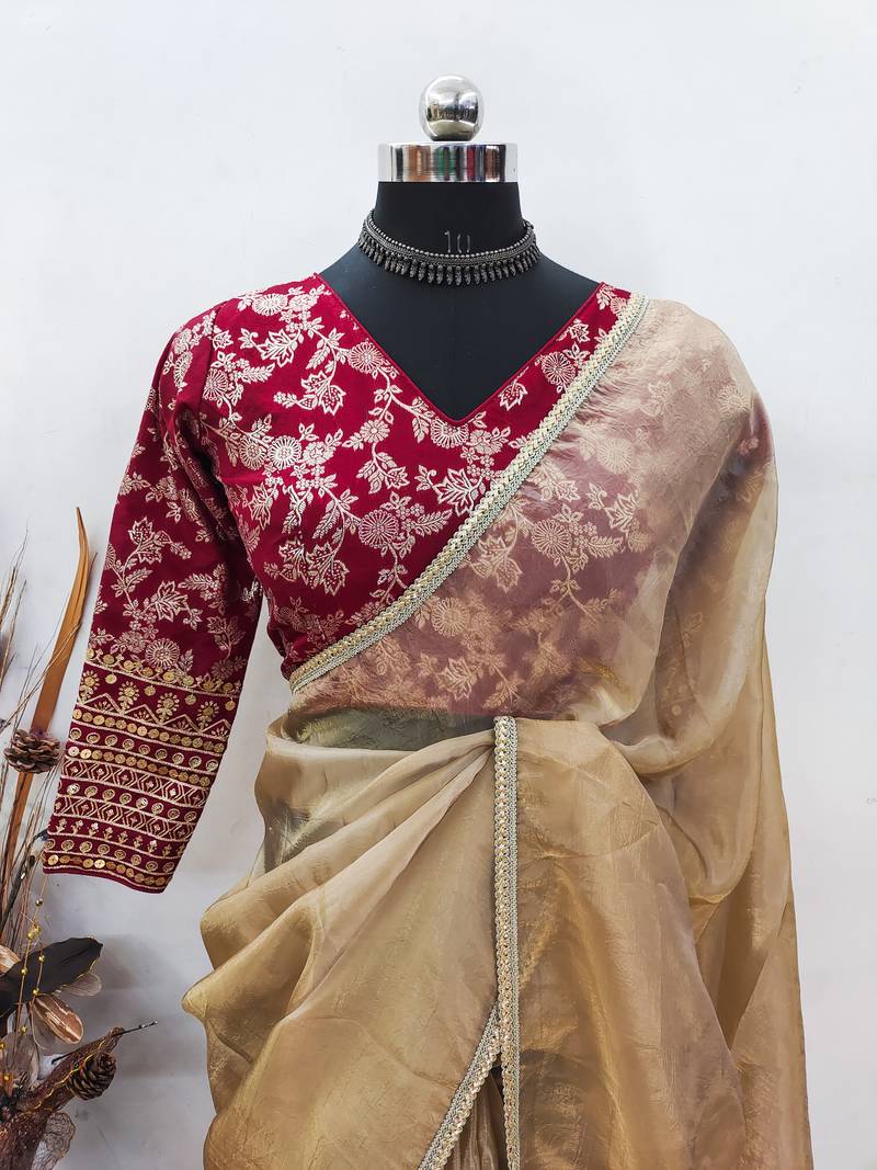 Light Brown Silk Tissue Saree with Sequin and Thread Embroidered Blouse(Stitched-38)