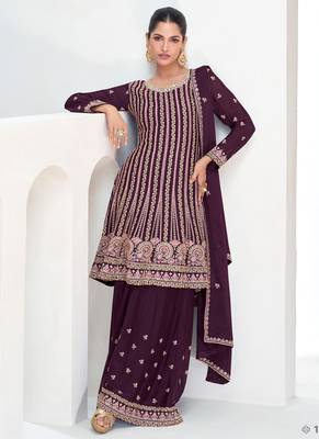 Wine chinon silk embroidered designer Palazzo suit 1