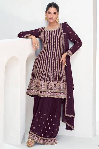 Wine chinon silk embroidered designer Palazzo suit
