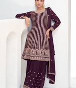 Wine chinon silk embroidered designer Palazzo suit