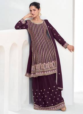 Wine chinon silk embroidered designer Palazzo suit 2