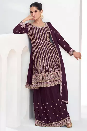 Wine chinon silk embroidered designer Palazzo suit