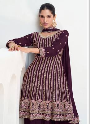 Wine chinon silk embroidered designer Palazzo suit 3