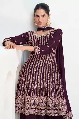 Wine chinon silk embroidered designer Palazzo suit