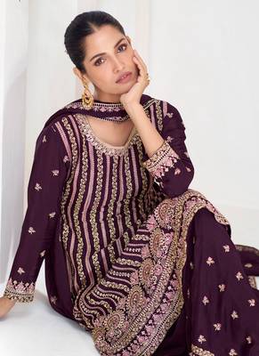 Wine chinon silk embroidered designer Palazzo suit 4