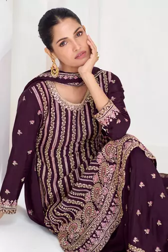 Wine chinon silk embroidered designer Palazzo suit