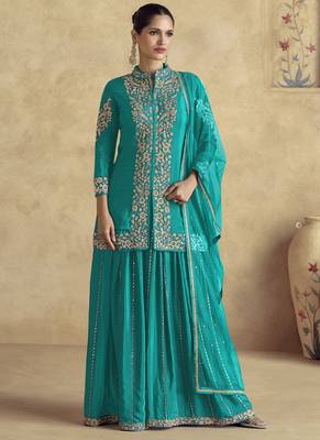 Sky blue chinon silk embroidered designer Palazzo suit 1