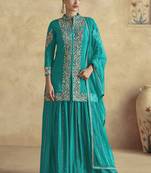 Sky blue chinon silk embroidered designer Palazzo suit
