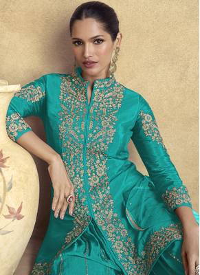 Sky blue chinon silk embroidered designer Palazzo suit 2