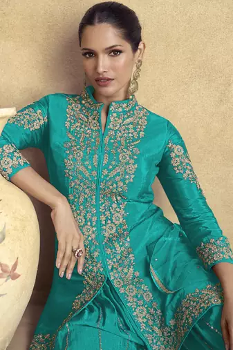 Sky blue chinon silk embroidered designer Palazzo suit