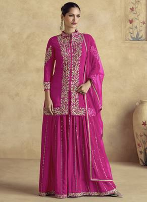 Rani pink chinon silk embroidered designer Palazzo suit 1