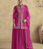 Rani pink chinon silk embroidered designer Palazzo suit