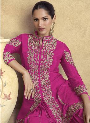 Rani pink chinon silk embroidered designer Palazzo suit 2