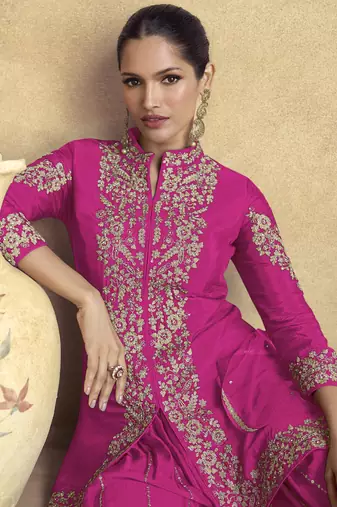 Rani pink chinon silk embroidered designer Palazzo suit