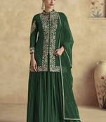 Dark green chinon silk embroidered designer Palazzo suit