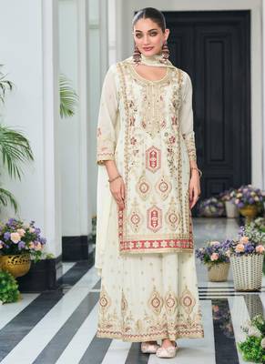 Off white chinon silk embroidered designer Palazzo suit 1