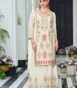 Off white chinon silk embroidered designer Palazzo suit