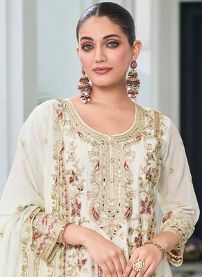 Off white chinon silk embroidered designer Palazzo suit 2