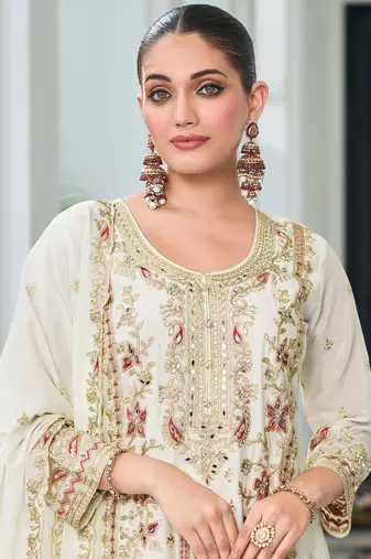 Off white chinon silk embroidered designer Palazzo suit