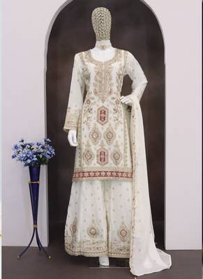 Off white chinon silk embroidered designer Palazzo suit 3