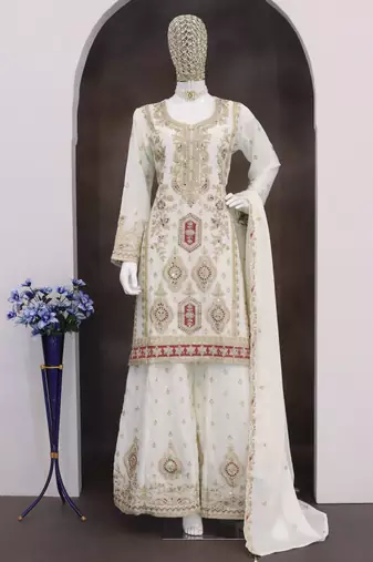 Off white chinon silk embroidered designer Palazzo suit