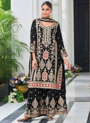 Black chinon silk embroidered designer Palazzo suit 1