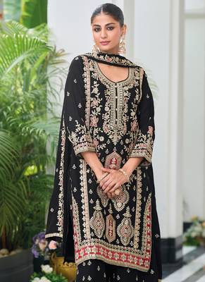 Black chinon silk embroidered designer Palazzo suit 2