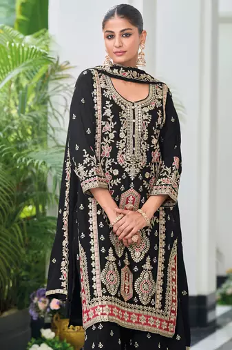 Black chinon silk embroidered designer Palazzo suit