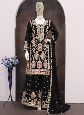 Black chinon silk embroidered designer Palazzo suit 3