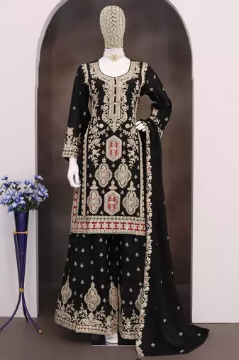 Black chinon silk embroidered designer Palazzo suit