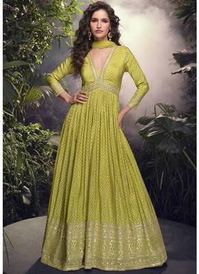 Lime yellow viscose jaquard silk embroidered anarkali suit 1