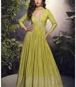 Lime yellow viscose jaquard silk embroidered anarkali suit