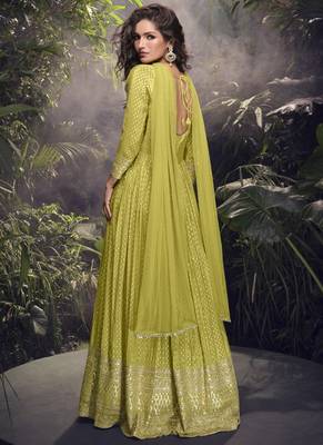 Lime yellow viscose jaquard silk embroidered anarkali suit 2
