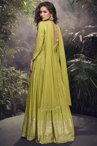 Lime yellow viscose jaquard silk embroidered anarkali suit