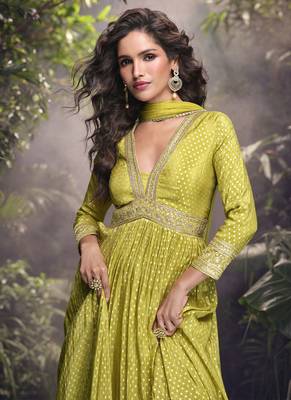 Lime yellow viscose jaquard silk embroidered anarkali suit 3