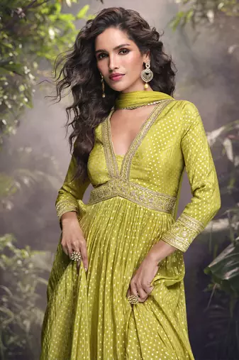Lime yellow viscose jaquard silk embroidered anarkali suit