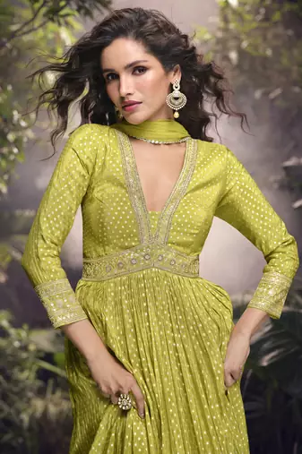 Lime yellow viscose jaquard silk embroidered anarkali suit