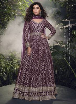 Wine viscose jaquard silk embroidered anarkali suit 1