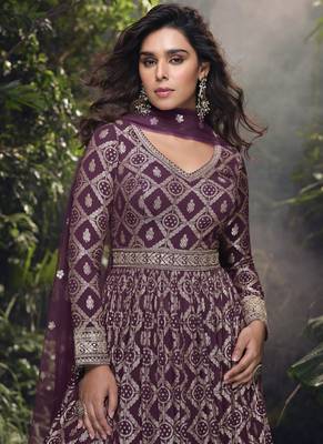 Wine viscose jaquard silk embroidered anarkali suit 2