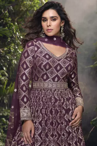 Wine viscose jaquard silk embroidered anarkali suit