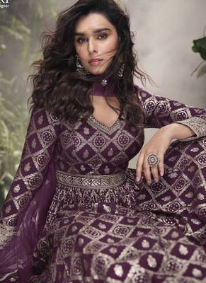 Wine viscose jaquard silk embroidered anarkali suit 3