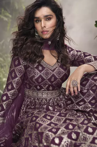 Wine viscose jaquard silk embroidered anarkali suit