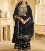 Navy blue velvet embroidered palazzo suit