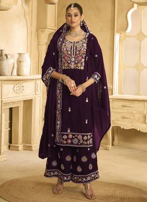 Wine velvet embroidered palazzo suit 1