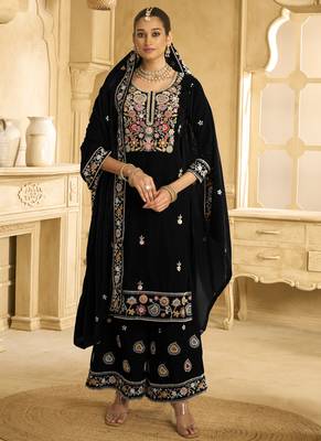 Black velvet embroidered palazzo suit 1