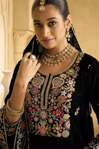 Black velvet embroidered palazzo suit