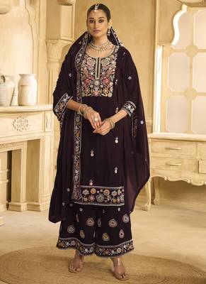 Brown velvet embroidered palazzo suit 1