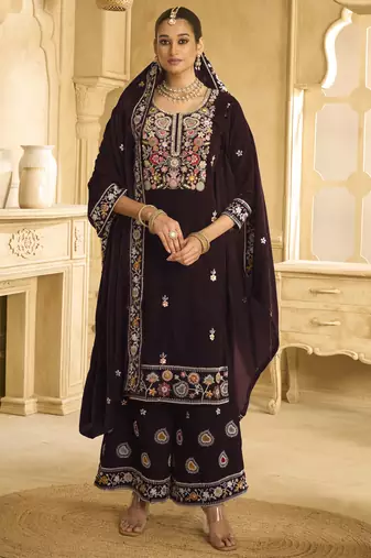 Brown velvet embroidered palazzo suit