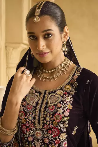 Brown velvet embroidered palazzo suit