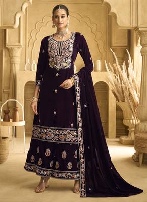 Wine velvet embroidered palazzo suit 1